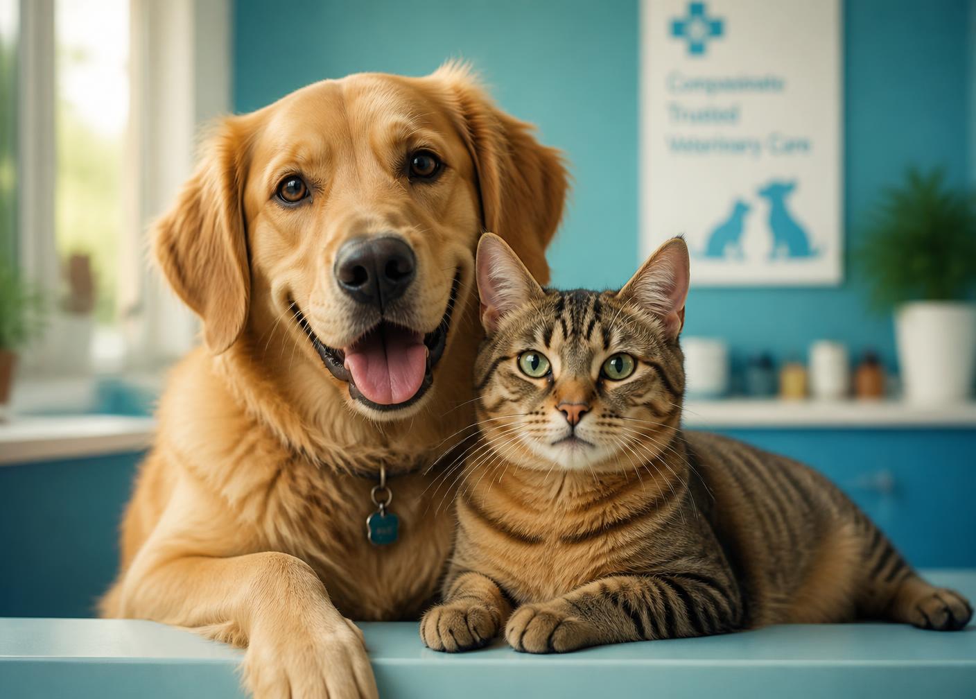 Boldog kutya és macska egy állatorvosi rendelőben
